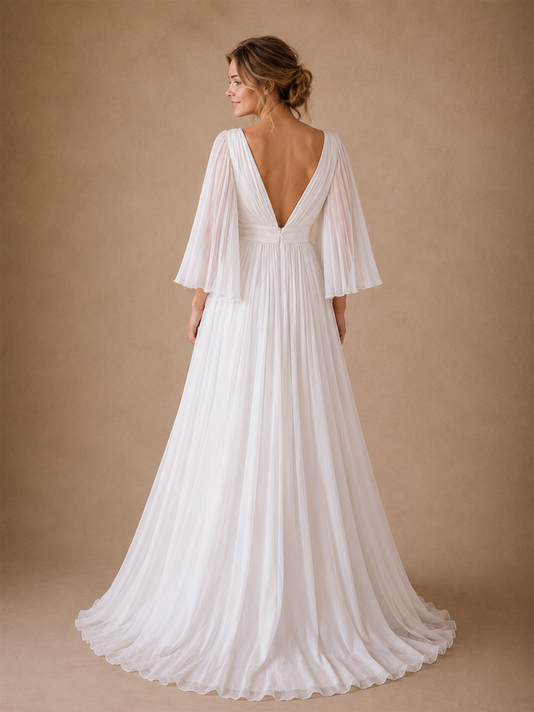 ChicSew Fancy V-Neck 3/4 Sleeves A-Line Pleated Chiffon Floor-Length Wedding Dress