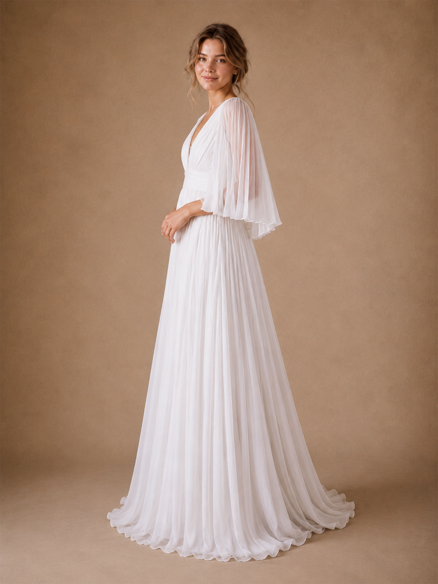 ChicSew Fancy V-Neck 3/4 Sleeves A-Line Pleated Chiffon Floor-Length Wedding Dress
