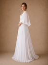 ChicSew Fancy V-Neck 3/4 Sleeves A-Line Pleated Chiffon Floor-Length Wedding Dress