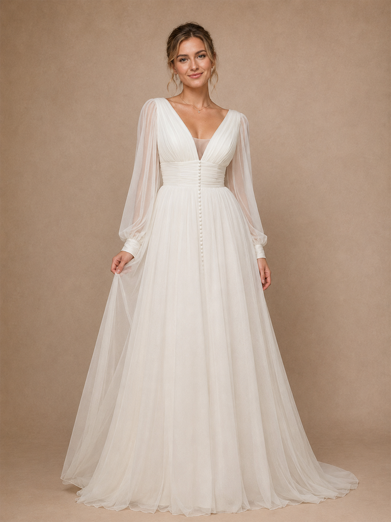ChicSew Classy V-Neck Chiffon Tulle Long Sleeves A-Line Maxi Long Wedding Dresses With Pleats