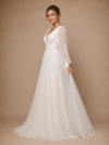 ChicSew Classy V-Neck Chiffon Tulle Long Sleeves A-Line Maxi Long Wedding Dresses With Pleats