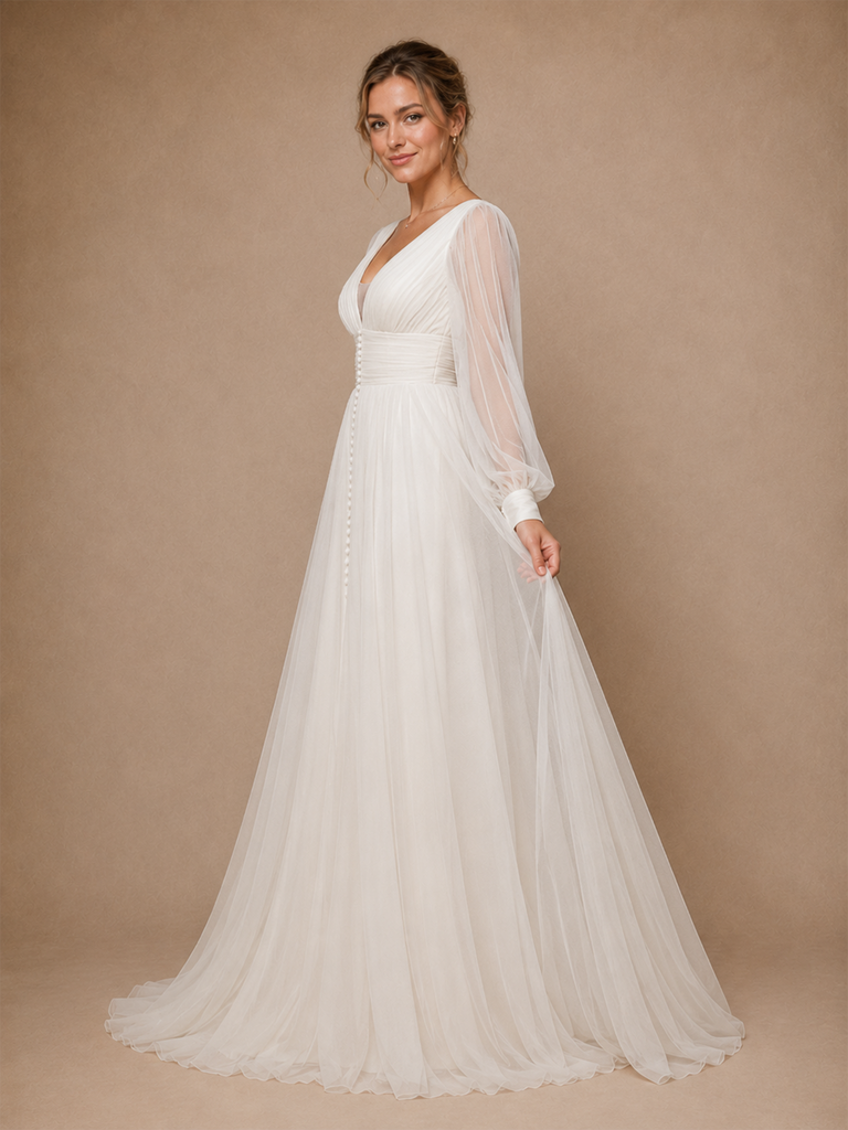 ChicSew Classy V-Neck Chiffon Tulle Long Sleeves A-Line Maxi Long Wedding Dresses With Pleats