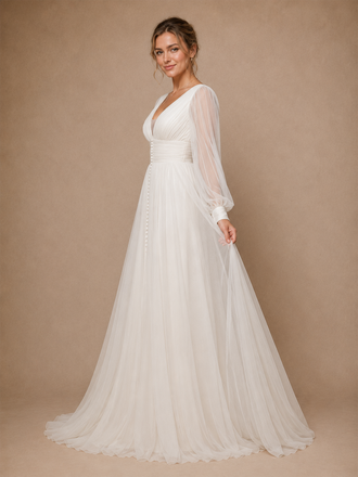 ChicSew Classy V-Neck Chiffon Tulle Long Sleeves A-Line Maxi Long Wedding Dresses With Pleats