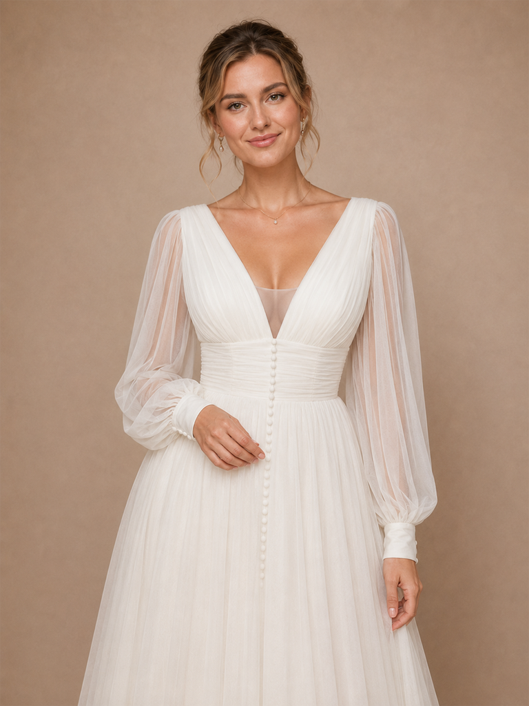 ChicSew Classy V-Neck Chiffon Tulle Long Sleeves A-Line Maxi Long Wedding Dresses With Pleats
