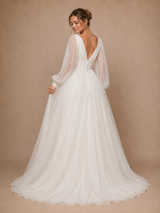 ChicSew Classy V-Neck Chiffon Tulle Long Sleeves A-Line Maxi Long Wedding Dresses With Pleats