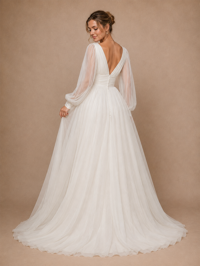 ChicSew Classy V-Neck Chiffon Tulle Long Sleeves A-Line Maxi Long Wedding Dresses With Pleats