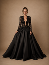 ChicSew Sexy Unique Deep V-Neck Long Sleeves Lace Satin A-Line Floor-Length Wedding Dress