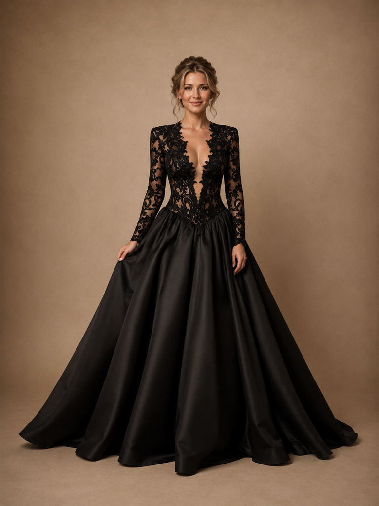 ChicSew Sexy Unique Deep V-Neck Long Sleeves Lace Satin A-Line Floor-Length Wedding Dress