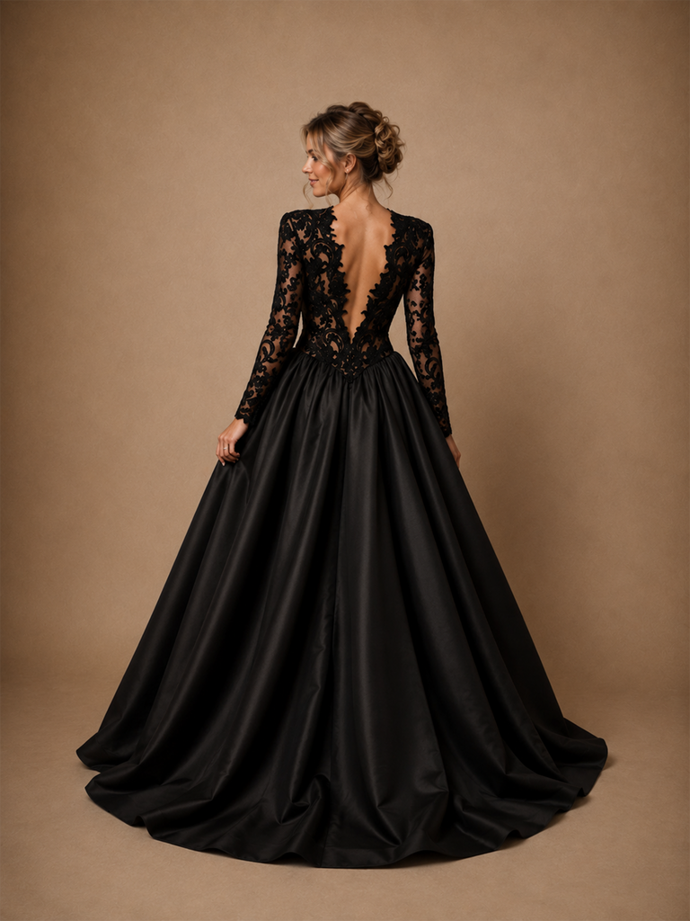 ChicSew Sexy Unique Deep V-Neck Long Sleeves Lace Satin A-Line Floor-Length Wedding Dress