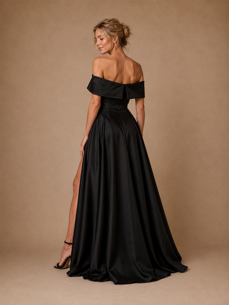 ChicSew Fancy Satin Ruched Off The Shoulder A-Line Side Slit Floor-Length Wedding Dress