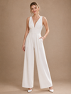 ChicSew Unique V-Neck Sleeveless Ruched Crepe Floor-Length Wedding Jumpsuit