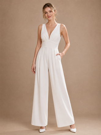ChicSew Unique V-Neck Sleeveless Ruched Crepe Floor-Length Wedding Jumpsuit