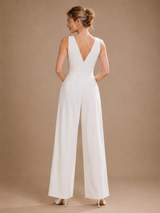 ChicSew Unique V-Neck Sleeveless Ruched Crepe Floor-Length Wedding Jumpsuit