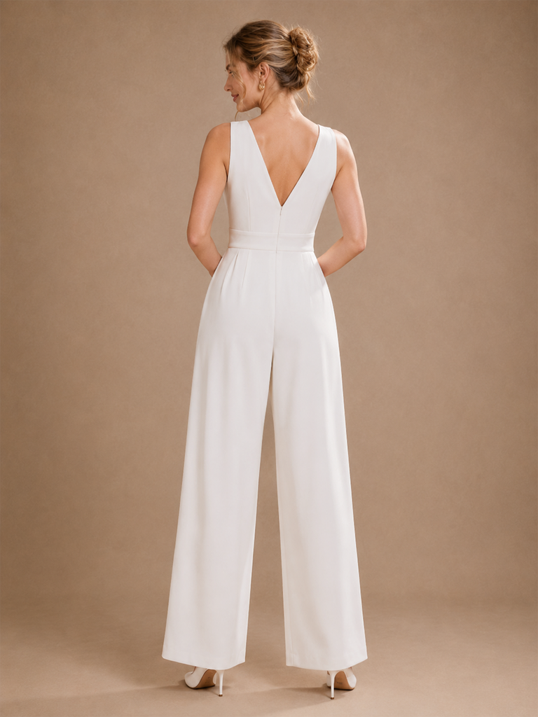 ChicSew Unique V-Neck Sleeveless Ruched Crepe Floor-Length Wedding Jumpsuit