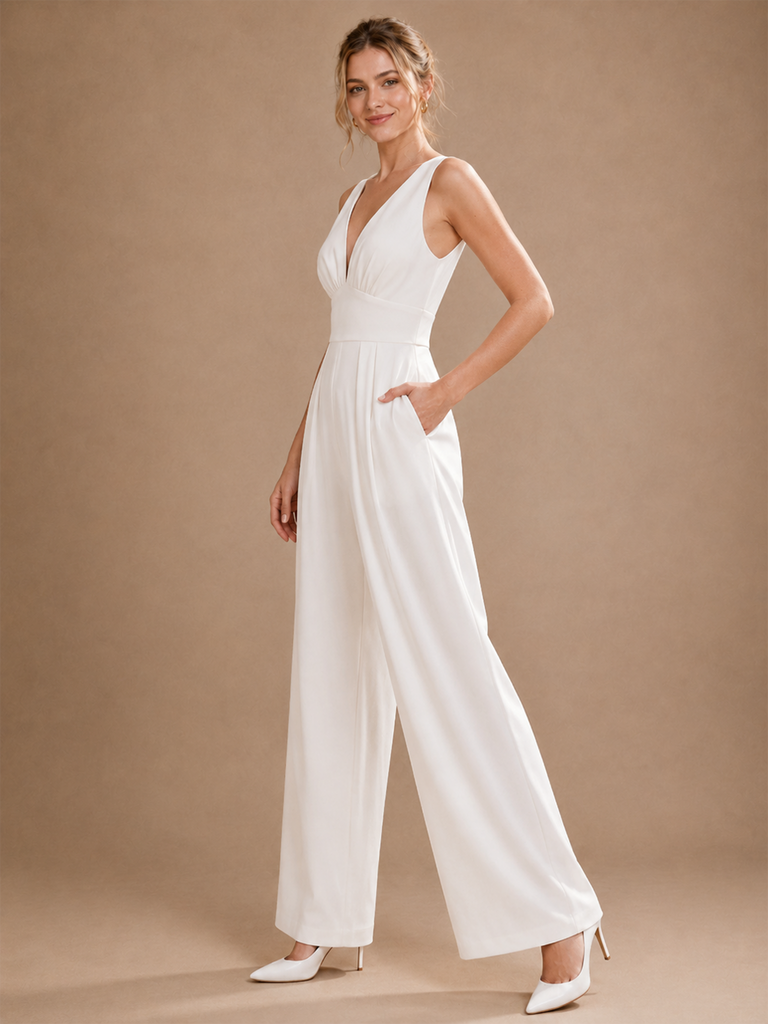ChicSew Unique V-Neck Sleeveless Ruched Crepe Floor-Length Wedding Jumpsuit