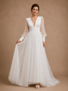 ChicSew Elegant Unique A-Line Deep V‑Neck Long Puff Sleeves Tulle Satin Floor-Length Wedding Dress