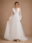 ChicSew Elegant Unique A-Line Deep V‑Neck Long Puff Sleeves Tulle Satin Floor-Length Wedding Dress
