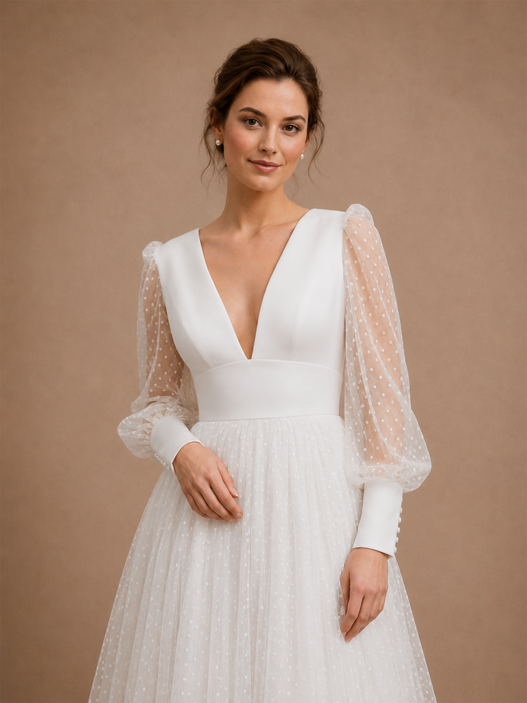 ChicSew Elegant Unique A-Line Deep V‑Neck Long Puff Sleeves Tulle Satin Floor-Length Wedding Dress