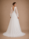 ChicSew Elegant Unique A-Line Deep V‑Neck Long Puff Sleeves Tulle Satin Floor-Length Wedding Dress