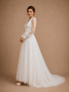 ChicSew Elegant Unique A-Line Deep V‑Neck Long Puff Sleeves Tulle Satin Floor-Length Wedding Dress