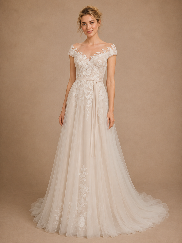 ChicSew Elegant Off The Shoulder Pleated Lace Tulle A-Line Maxi Wedding Dresses Online