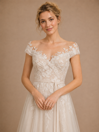 ChicSew Elegant Off The Shoulder Pleated Lace Tulle A-Line Maxi Wedding Dresses Online