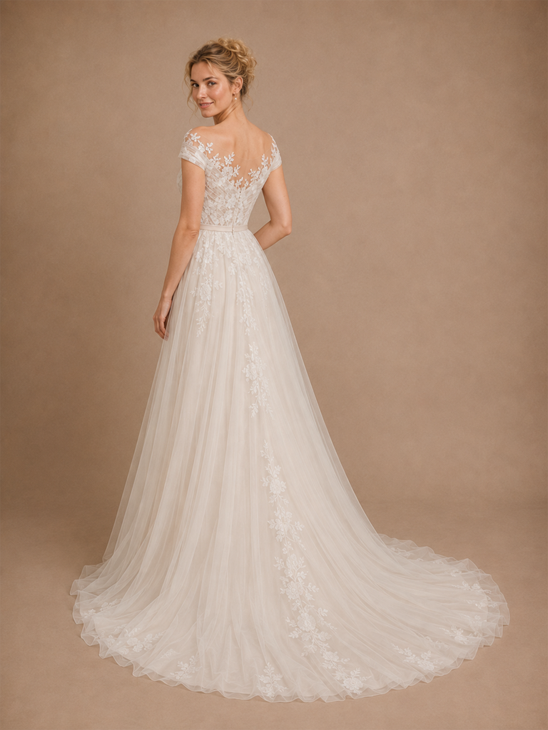 ChicSew Elegant Off The Shoulder Pleated Lace Tulle A-Line Maxi Wedding Dresses Online
