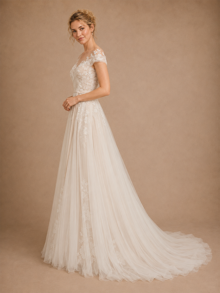 ChicSew Elegant Off The Shoulder Pleated Lace Tulle A-Line Maxi Wedding Dresses Online