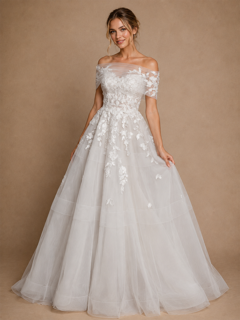 ChicSew Elegant Lace Tulle Off The Shoulder A-Line Floor-Length Wedding Dress With Button