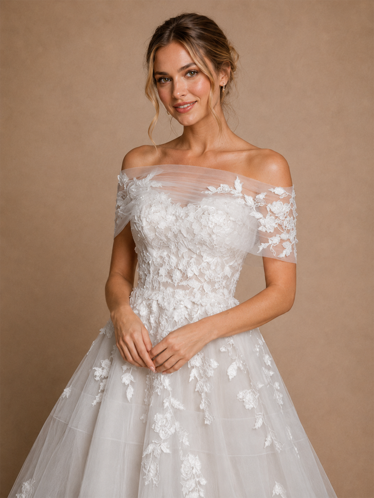 ChicSew Elegant Lace Tulle Off The Shoulder A-Line Floor-Length Wedding Dress With Button