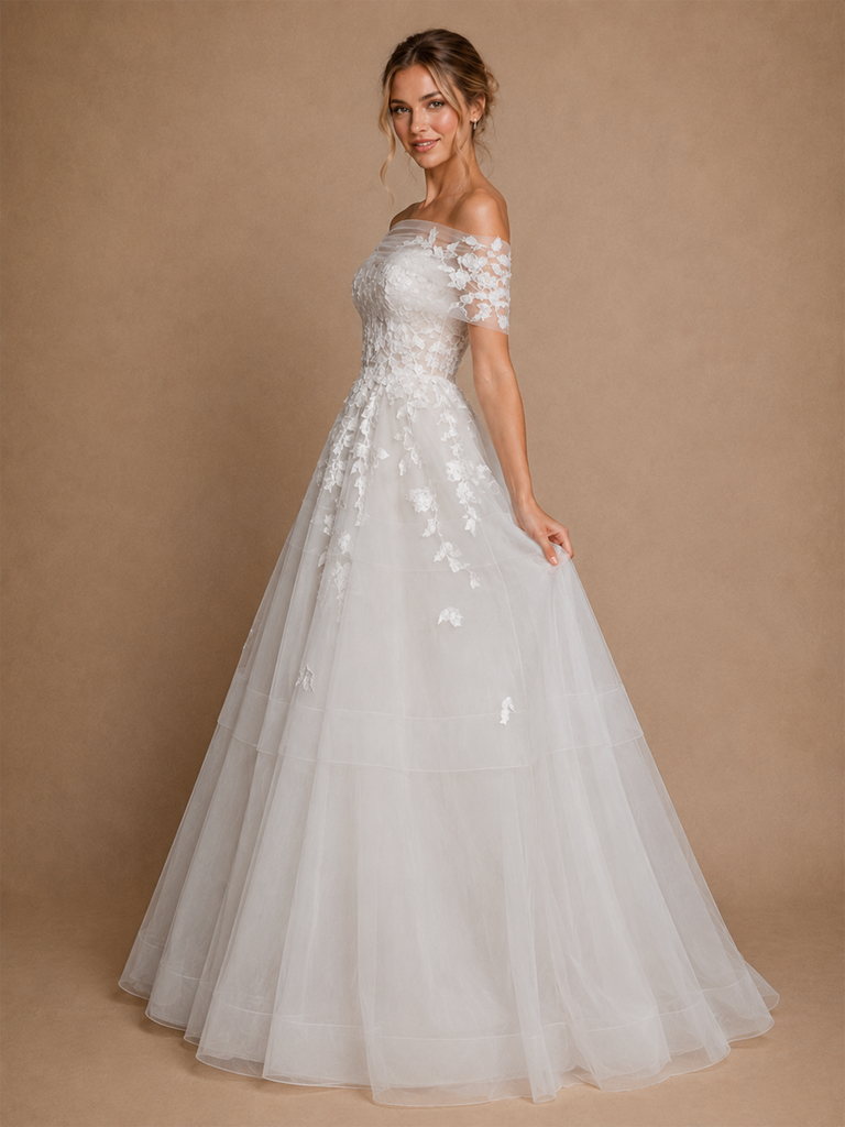 ChicSew Elegant Lace Tulle Off The Shoulder A-Line Floor-Length Wedding Dress With Button