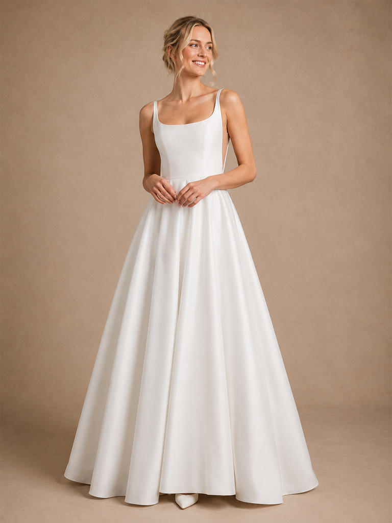ChicSew Fancy Spaghetti Straps Satin Ruched A-Line Open Back Floor-Length Wedding Dress