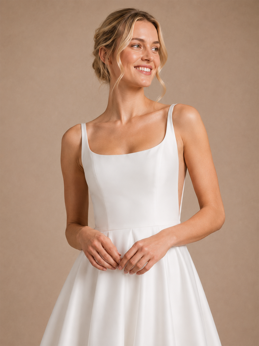 ChicSew Fancy Spaghetti Straps Satin Ruched A-Line Open Back Floor-Length Wedding Dress