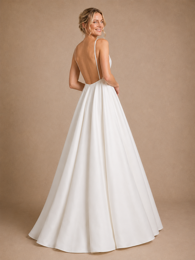 ChicSew Fancy Spaghetti Straps Satin Ruched A-Line Open Back Floor-Length Wedding Dress