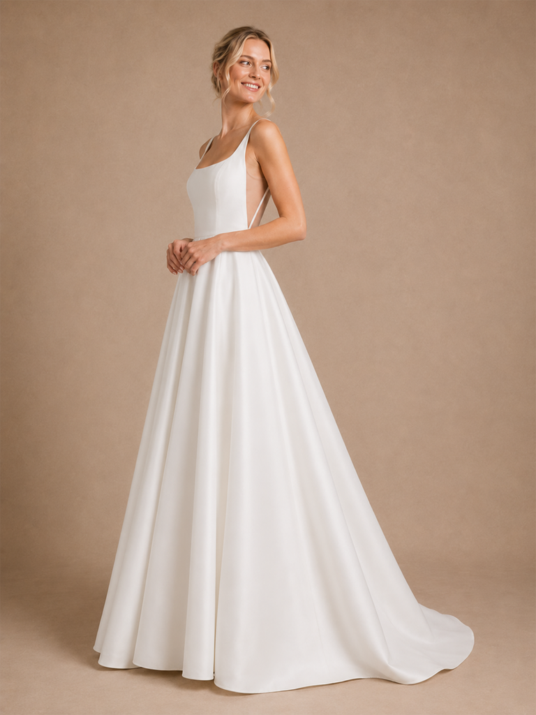 ChicSew Fancy Spaghetti Straps Satin Ruched A-Line Open Back Floor-Length Wedding Dress