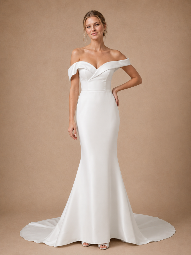 ChicSew Beautiful Off The Shoulder Crepe Mermaid Maxi Long Wedding Dresses With Button