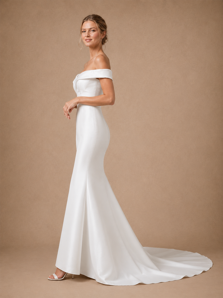 ChicSew Beautiful Off The Shoulder Crepe Mermaid Maxi Long Wedding Dresses With Button