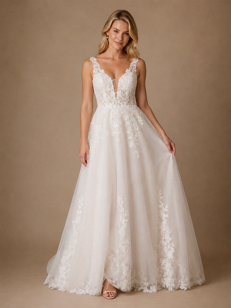 ChicSew Fancy Modern V-Neck A-Line Sleeveless Lace Tulle Long Wedding Dress With Applique