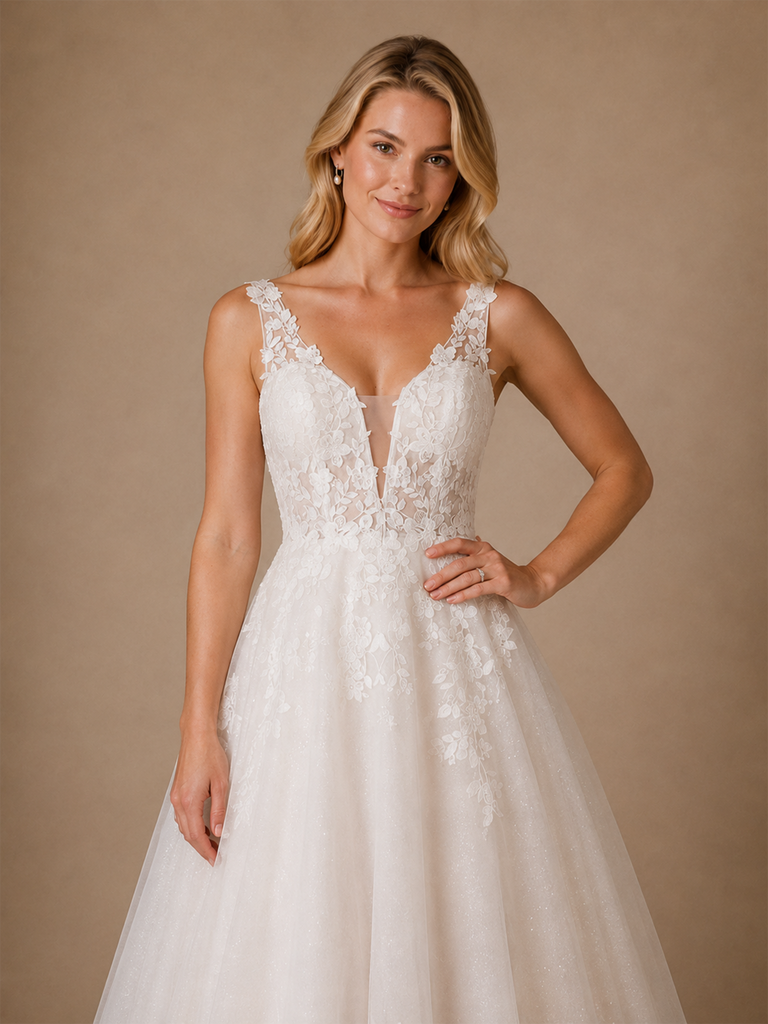 ChicSew Fancy Modern V-Neck A-Line Sleeveless Lace Tulle Long Wedding Dress With Applique