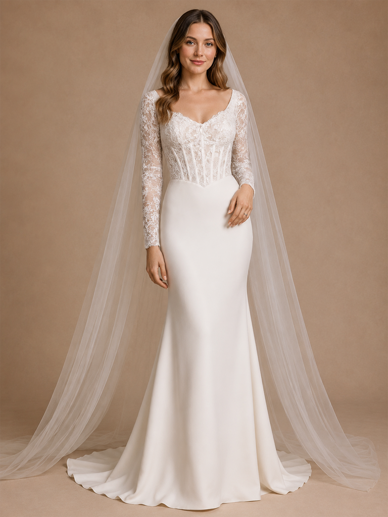 ChicSew Modern Classy Long Sleeves Mermaid Boning Crepe Maxi Wedding Dress With Lace Applique