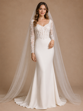 ChicSew Modern Classy Long Sleeves Mermaid Boning Crepe Maxi Wedding Dress With Lace Applique