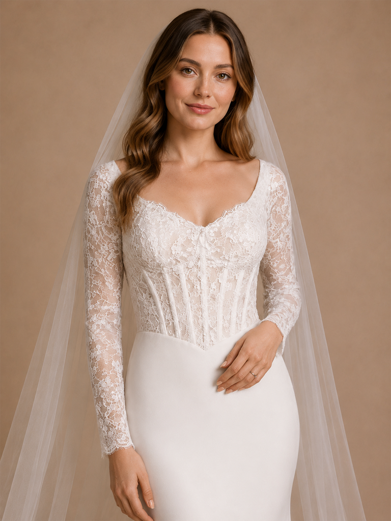 ChicSew Modern Classy Long Sleeves Mermaid Boning Crepe Maxi Wedding Dress With Lace Applique