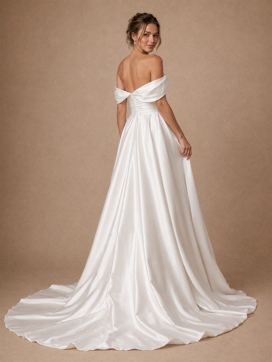 ChicSew Classy Off The Shoulder Satin Side Slit A-Line Floor-Length Wedding Dress With Pleats