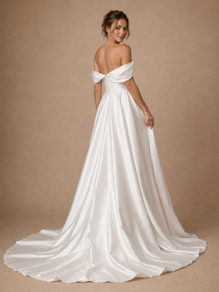 ChicSew Classy Off The Shoulder Satin Side Slit A-Line Floor-Length Wedding Dress With Pleats