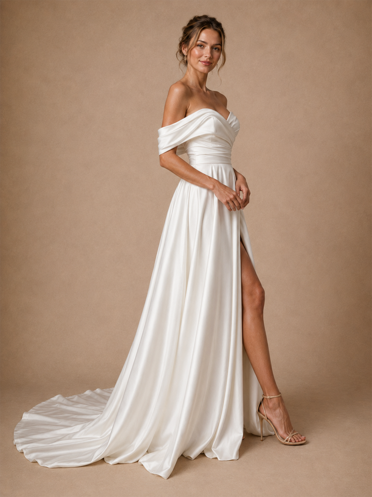ChicSew Classy Off The Shoulder Satin Side Slit A-Line Floor-Length Wedding Dress With Pleats