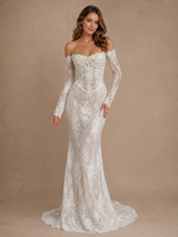 ChicSew Modern Unique Off The Shoulder Long Sleeves Mermaid Lace Tulle Full‑Length Wedding Dresses With Applique