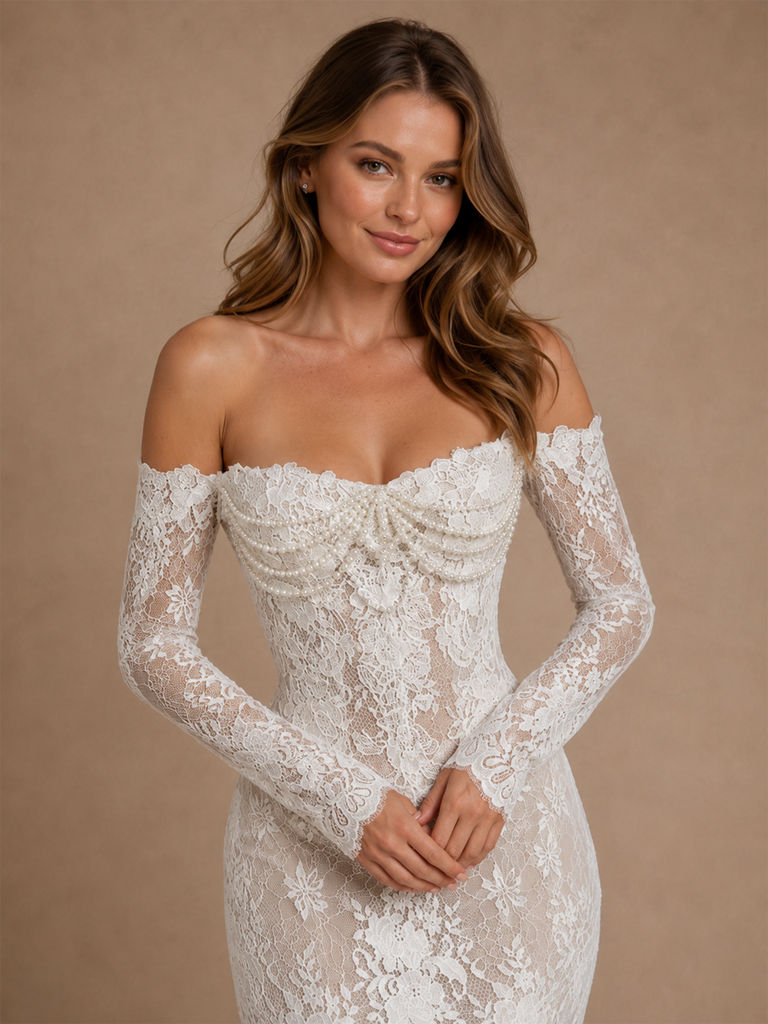ChicSew Modern Unique Off The Shoulder Long Sleeves Mermaid Lace Tulle Full‑Length Wedding Dresses With Applique