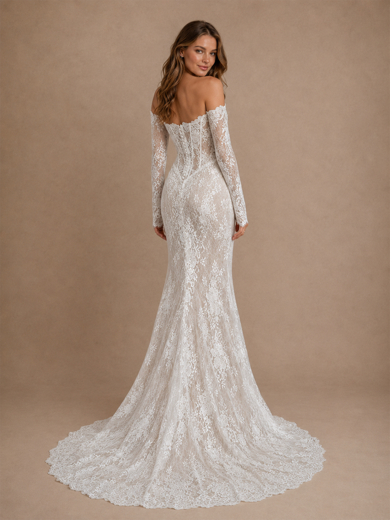 ChicSew Modern Unique Off The Shoulder Long Sleeves Mermaid Lace Tulle Full‑Length Wedding Dresses With Applique