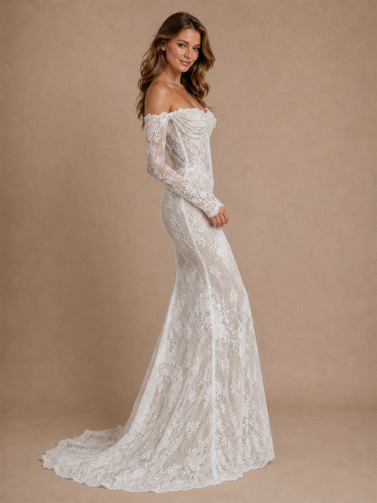 ChicSew Modern Unique Off The Shoulder Long Sleeves Mermaid Lace Tulle Full‑Length Wedding Dresses With Applique