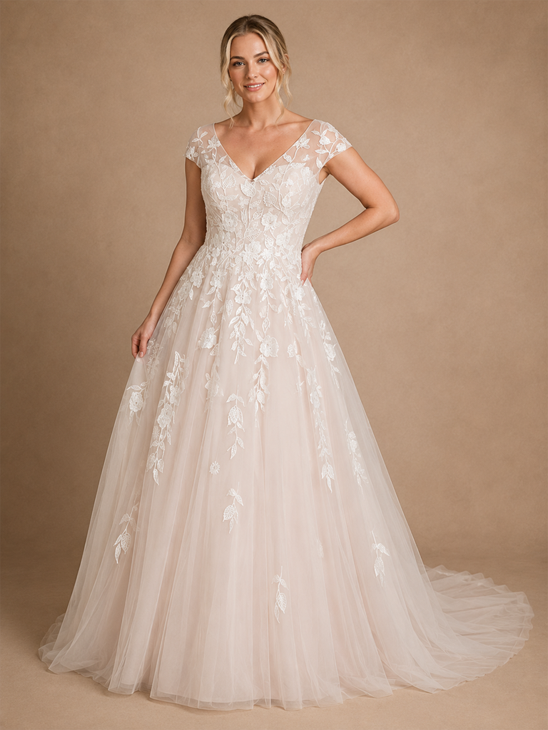 ChicSew Fancy Modern V-Neck A-Line Cap Sleeves Lace Tulle Long Wedding Dresses